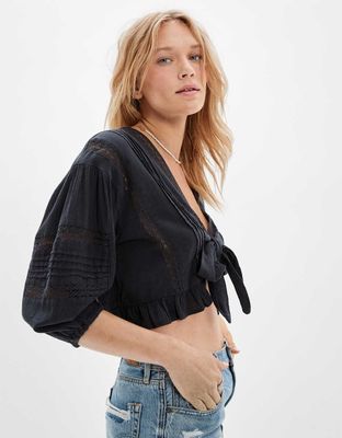 AE V-Neck Lace Tie-Front Blouse