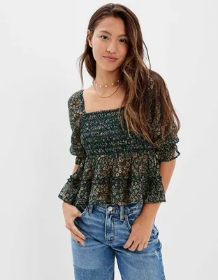 AE Square Neck Smocked Babydoll Blouse
