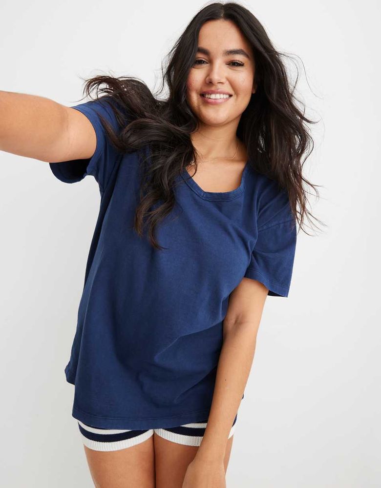 Aerie Distressed V-Neck Oversized Boyfriend T-Shirt