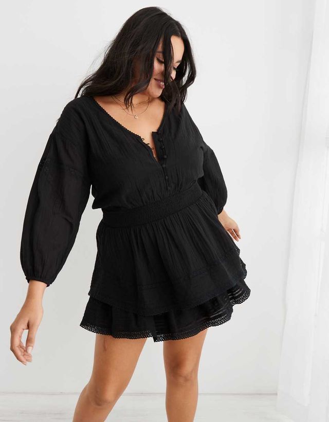 Aerie Women's Black Balloon Sleeve Smocked Waist Ruffle Mini Dress Size XS  - $32 - From Natalia