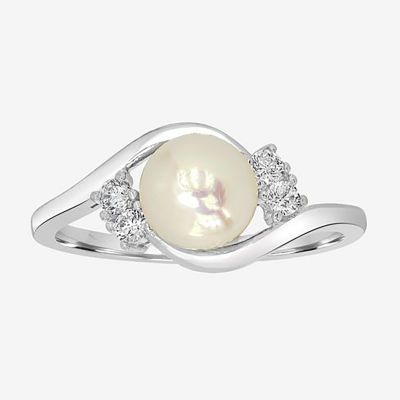 Silver Treasures Cubic Zirconia Simulated Pearl Sterling Round Bypass  Cocktail Ring
