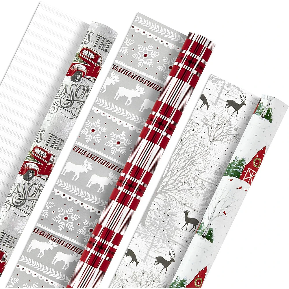 Hallmark Holiday Reversible Wrapping Paper Bundle, Rustic Christmas (P