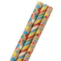 Hallmark All Occasion Kraft Wrapping Paper Bundle: Birthday, Stripes,