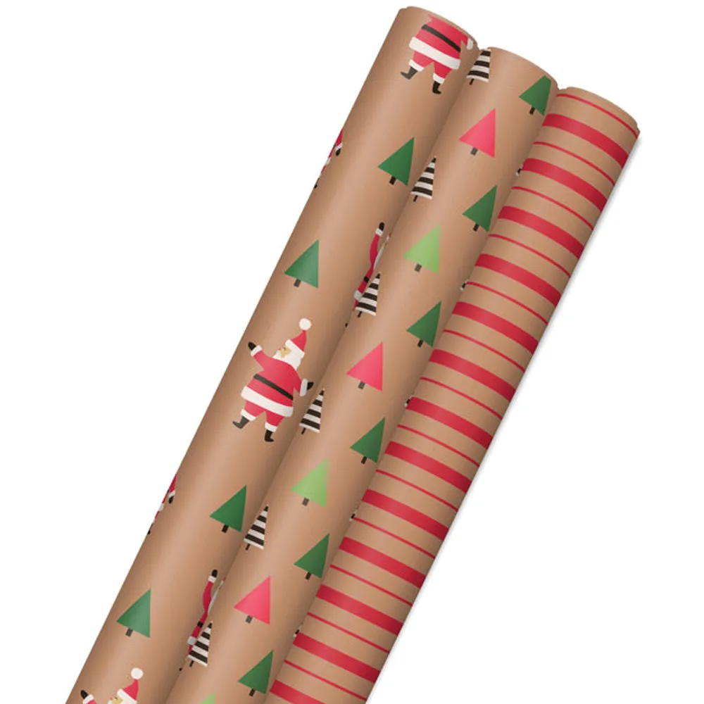 Hallmark Sustainable Christmas Wrapping Paper with Cut Lines on Reverse (3 Rolls: 90 sq. ft. ttl) Kraft with Santas, Trees, Stripes