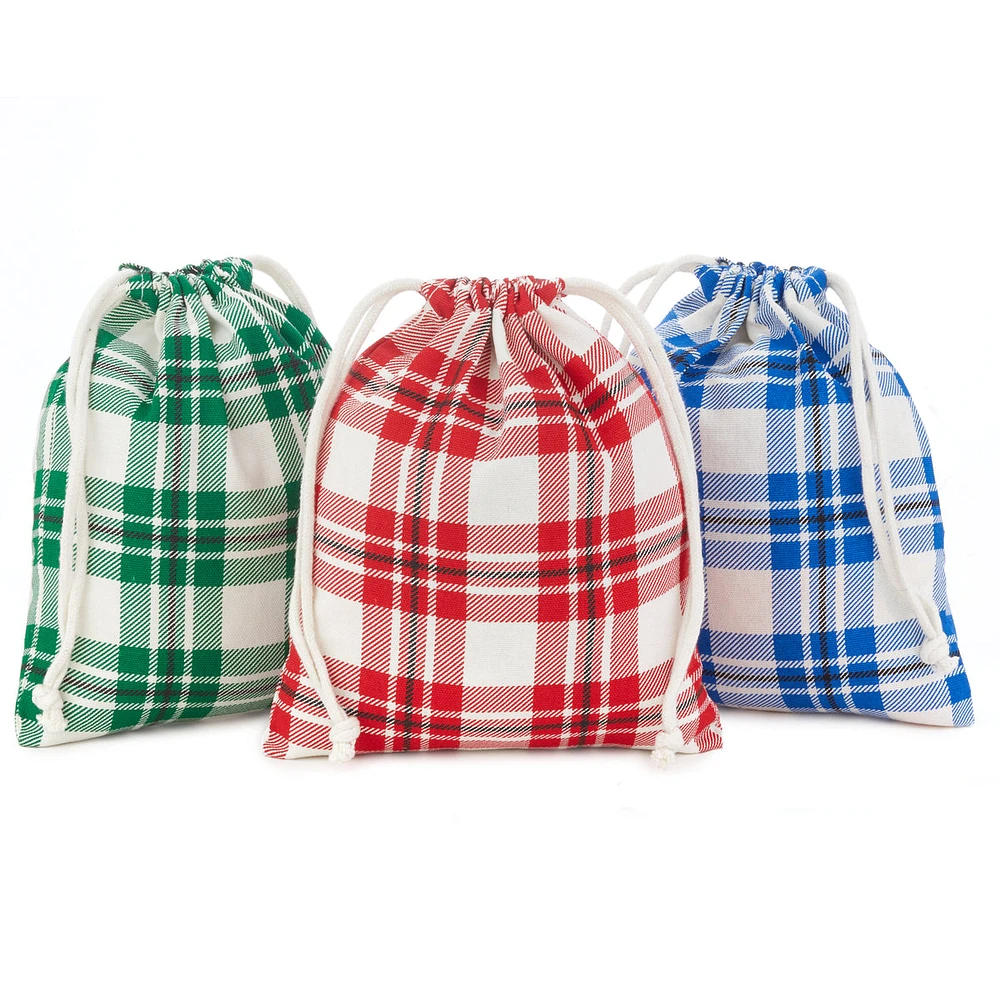 Hallmark 10" Drawstring Fabric Gift Bags (3 Plaid Bags: Red, Blue, Gre