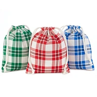 Hallmark 10" Drawstring Fabric Gift Bags (3 Plaid Bags: Red, Blue, Gre