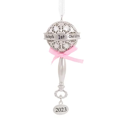 Baby's First Christmas Silver Baby Rattle With Ribbon 2023 Christmas Ornament