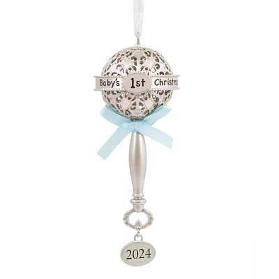 Baby's First Christmas Silver Baby Rattle With Blue Ribbon 2024 Christ