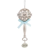 Baby's First Christmas Silver Baby Rattle With Blue Ribbon 2024 Christ