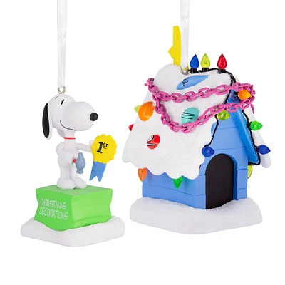 Peanuts Snoopy and Holiday Doghouse Christmas Ornaments, Set of 2