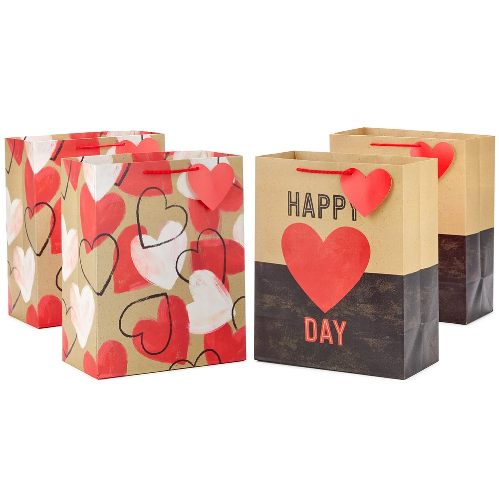 Hallmark 13" Large Kraft Valentine's Day Gift Bags (4 Bags, 2 Designs: