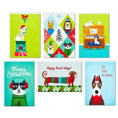 Boxed Christmas Cards Assortment, Holiday Cats and Dogs (6 Designs, 24