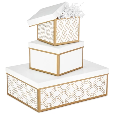 Nesting Boxes with Lids and Fill (Set of 3, White and Gold, Assorted S