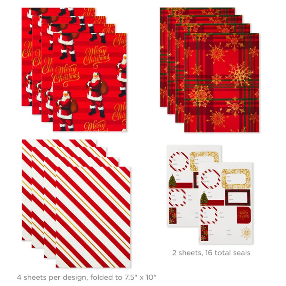 Hallmark Christmas Reversible Wrapping Paper (3 Rolls: 120 Sq. ft. ttl) Vintage Santa, Snowmen, Traditional Green, Red and White Plaids