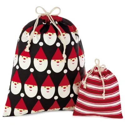 Drawstring Christmas Gift Bag Set (2 Fabric Bags with Drawstrings; 1 Medium 10