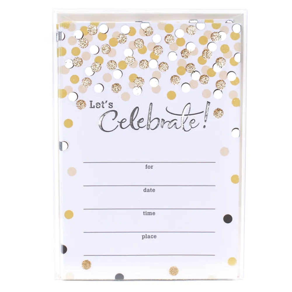 Party Invitations (Let's Celebrate with Gold and Black Dots, Pack of 20)