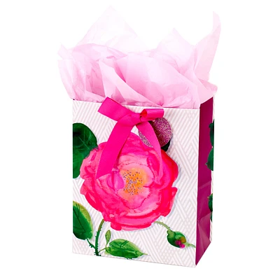 9" Medium Gift Bag with Tissue Paper (Pink Rose) for Birthdays, Bridal