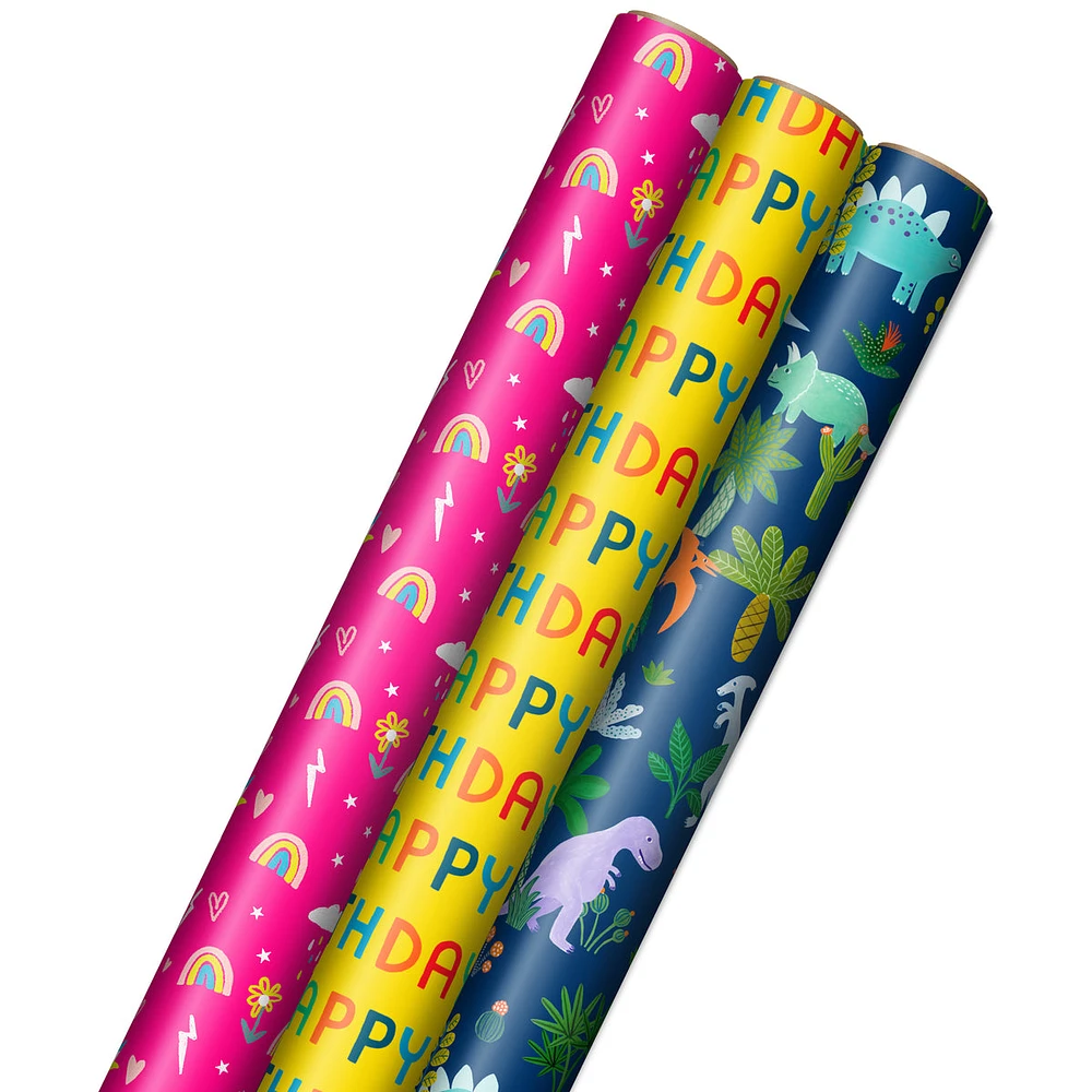 Kids Birthday Wrapping Paper (3 Rolls: 75 sq. ft. total) Pink Rainbows