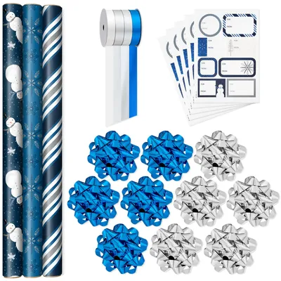 Navy Blue Christmas Wrapping Paper Set (90 sq. ft. ttl, 10 Bows, 4 Ribbon Colors, 40 Gift Tag Stickers) Snowman, Stripes, Snowflakes