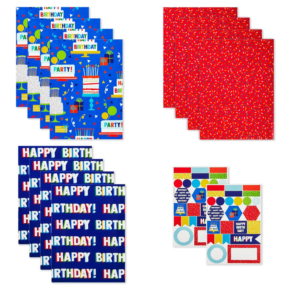 Flat Birthday Wrapping Paper Sheets with Cutlines on Reverse (12 Folde