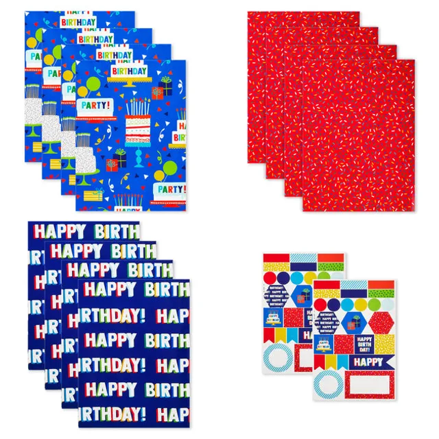 Hallmark All Occasion Reversible Wrapping Paper Bundle - Kids Birthday (3  Rolls - 75 sq. ft. ttl) Balloons, Stars, Cupcakes, Blue Stripes, Solid Red