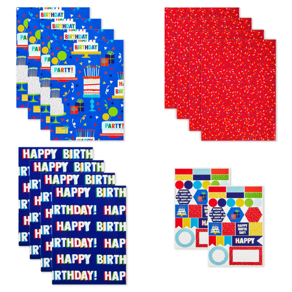 Hallmark Flat Birthday Wrapping Paper Sheets with Cutlines on Reverse (12  Folded Sheets with Sticker Seals) Happy Birthday, Red Confetti, Blue with  Cakes