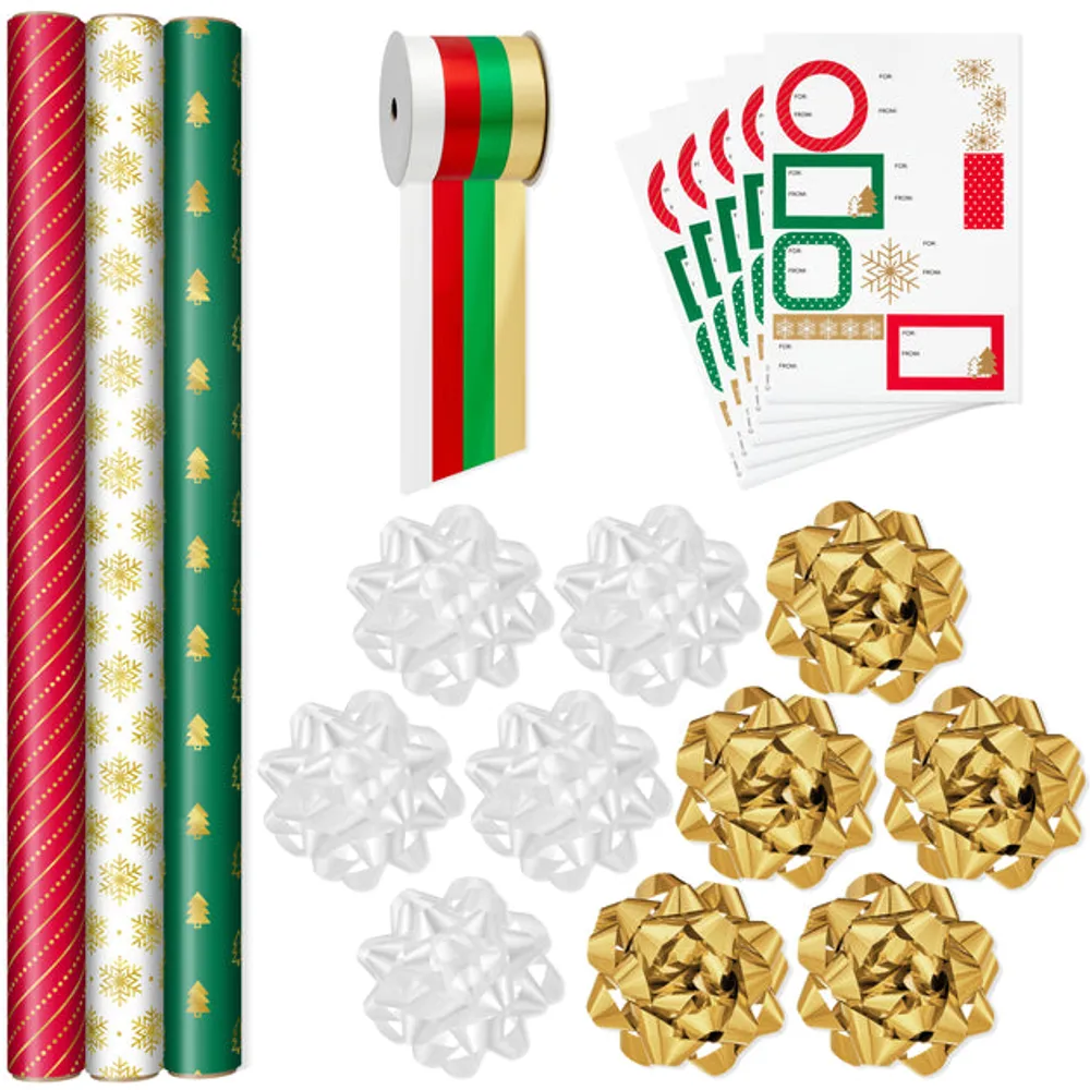 Hallmark All Occasion Reversible Wrapping Paper - Kids Birthday (3 Rolls - 75 Sq. ft. ttl) Balloons, Stars, Cupcakes, Stripes
