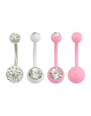 Pink and Silver CZ Belly Ring 4 Pack - 14 Gauge