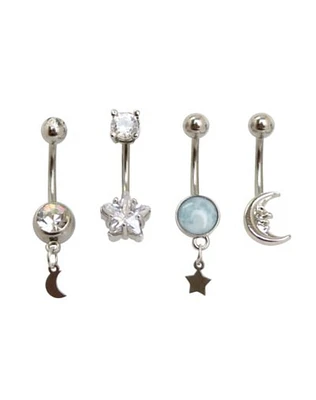 Multi-Pack Star Moon CZ Dangle Belly Rings 4 Pack - 14 Gauge