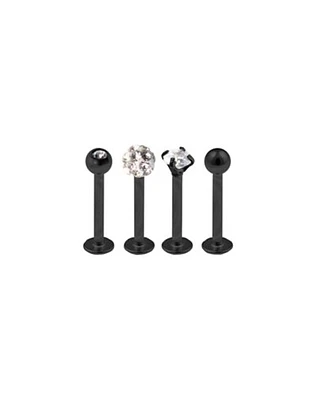 Black and Silvertone CZ Labret Lip Ring 4 Pack - 16 Gauge