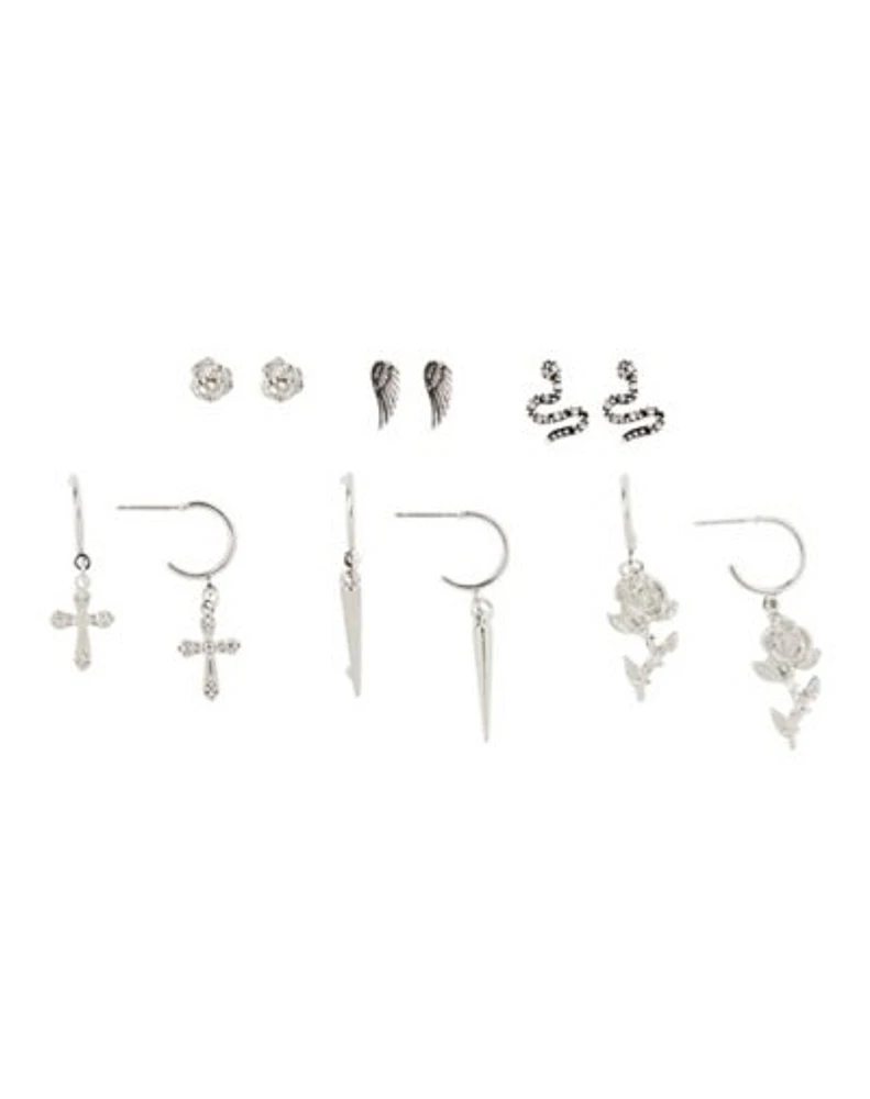 Multi-Pack Silvertone Rose and Snake Earrings - 6 Pair