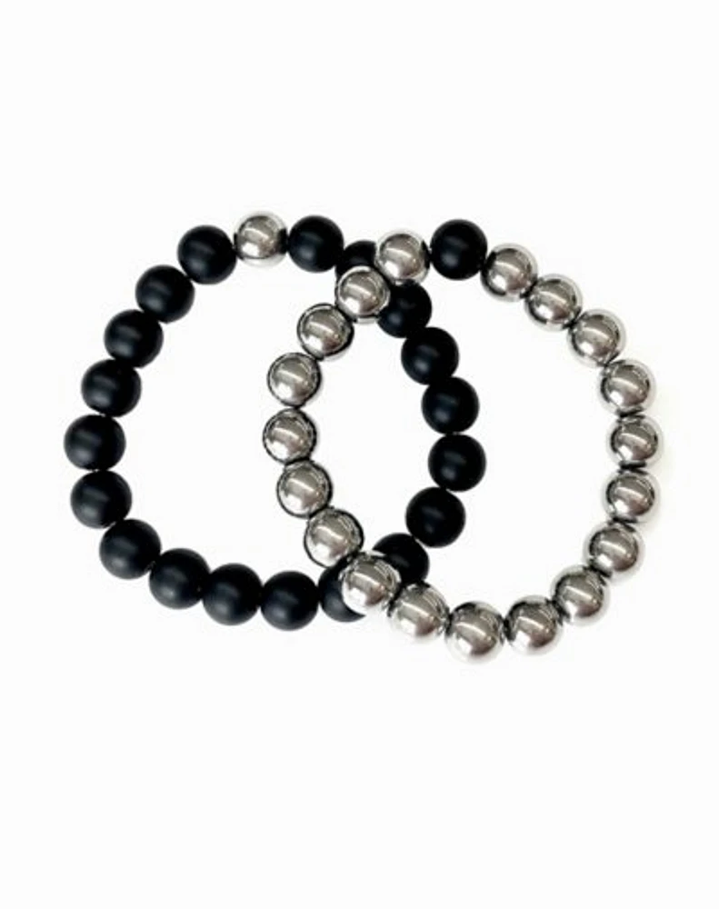 Black and Silver Long Distance Beaded Bracelets - 2 Pack