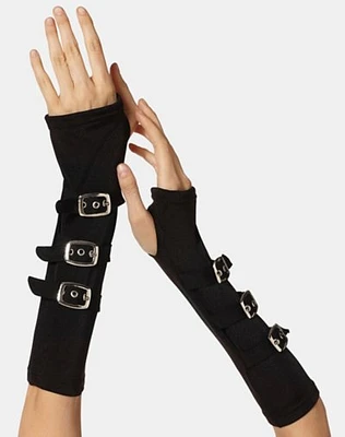 Long Black Buckle Fingerless Gloves