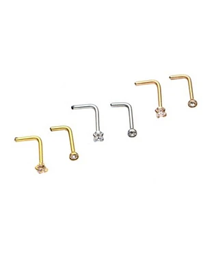 Multi-Pack CZ Goldtone L Bend Nose Rings 6 Pack  18 Gauge