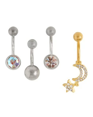 Multi-Pack CZ Moon and Star Titanium Belly Rings 4 Pack - 14 Gauge