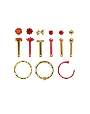 Multi-Pack Red and Gold Nose Pins and Hoop Rings 9 Pack