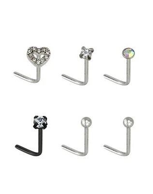 Multi-Pack CZ Heart L-Bend Nose Rings 6 Pack
