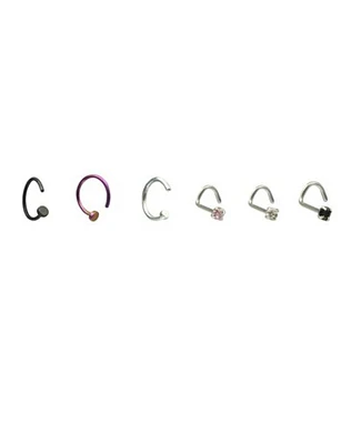 Multi-Pack CZ Black and Purple Hoop Nose Rings 6 Pack
