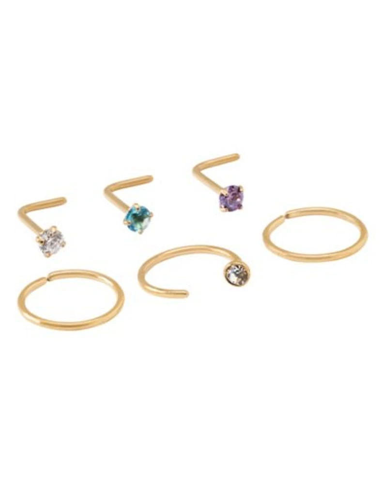 Multi-Pack CZ Goldtone L-Bend and Hoop Nose Rings 6 Pack