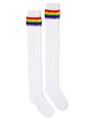 White Rainbow Pride Stripe Over the Knee Socks