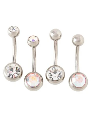 Multi-Pack CZ Silvertone Belly Rings 4 Pack - 14 Gauge