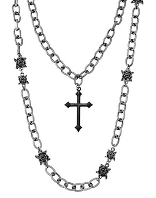 Black Cross and Rose Chain Necklaces - 2 Pack