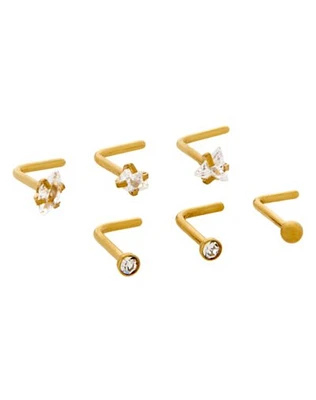 Multi-Pack CZ Goldtone L-Bend Nose Rings 6 Pack - 20 Gauge