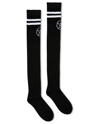 Over the Knee Black and White Stripe Pentagram Socks