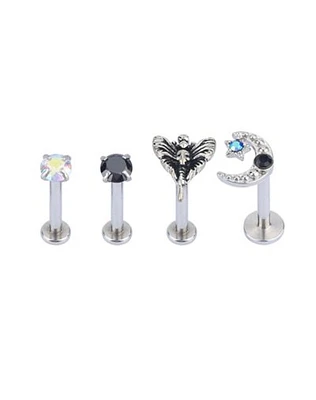 Multi-Pack CZ Moth Moon and Star Labret Lip Rings 4 Pack - 16 Gauge