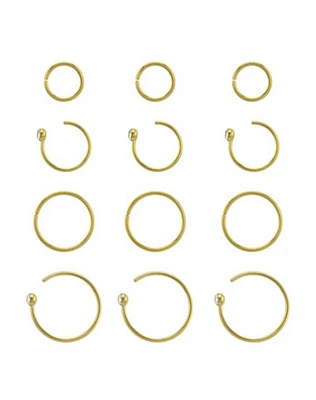 Multi-Pack CZ Goldtone Hoop Nose Rings 12 Pack - 20 Gauge