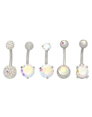 Multi-Pack CZ Silvertone Belly Rings 5 Pack - 14 Gauge