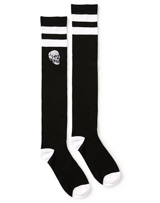 Black and White Stripe Skull Knee High Socks