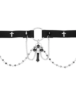 Cross Drop Chain Bead Choker Necklace