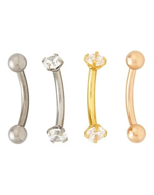 Multi-Pack CZ Silvertone and Goldtone Pronged Curved Barbells 4 Pack -